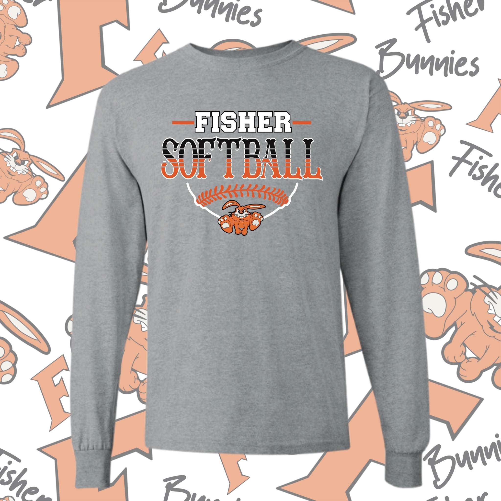 Fisher Bunnies Softball Base Design Cotton Long Sleeve Tee