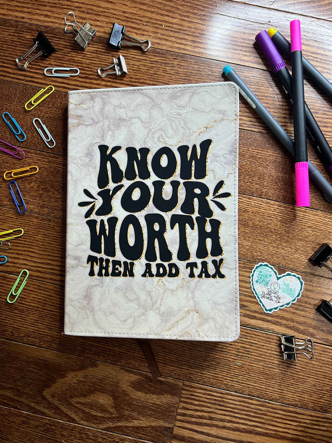 Know Your Worth Then Add Tax Faux Leather Notebook